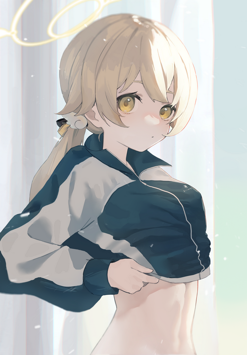Blue Archive girl lifting her shirt, blonde hair, yellow eyes