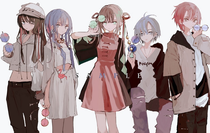 Five anime characters with sunglasses and stylish outfits
