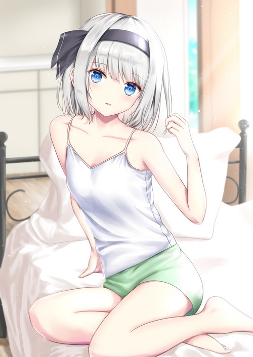 Anime girl with silver hair and blue eyes in bed