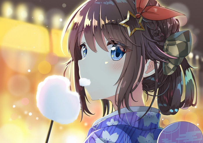 Tokino Sora eating cotton candy at a festival