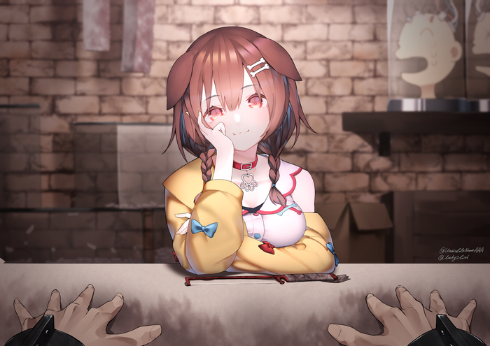 Inugami Korone leans on a table with hands in front