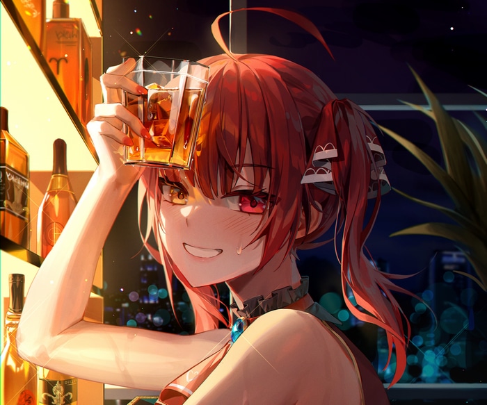 Houshou Marine holding a drink at a bar
