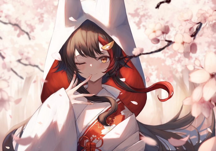 Ookami Mio in Kimono with Cherry Blossoms