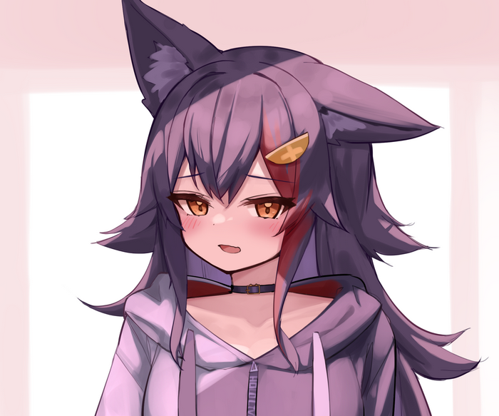 Ookami Mio in a purple hoodie
