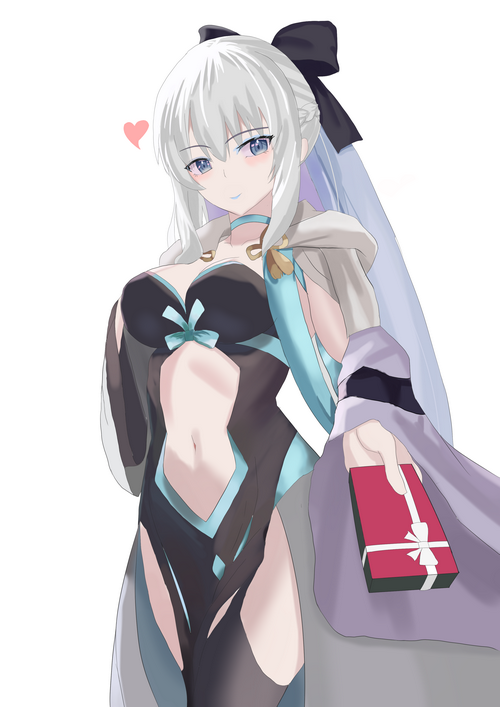 Morgan le Fay from Fate/Grand Order holding a gift
