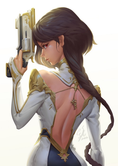 Woman with a gun and backless dress