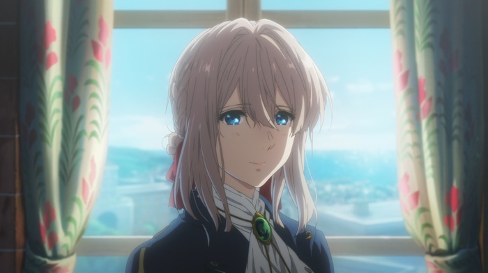 Violet Evergarden looking out a window