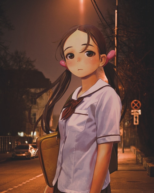 Anime girl with pigtails on a street at night