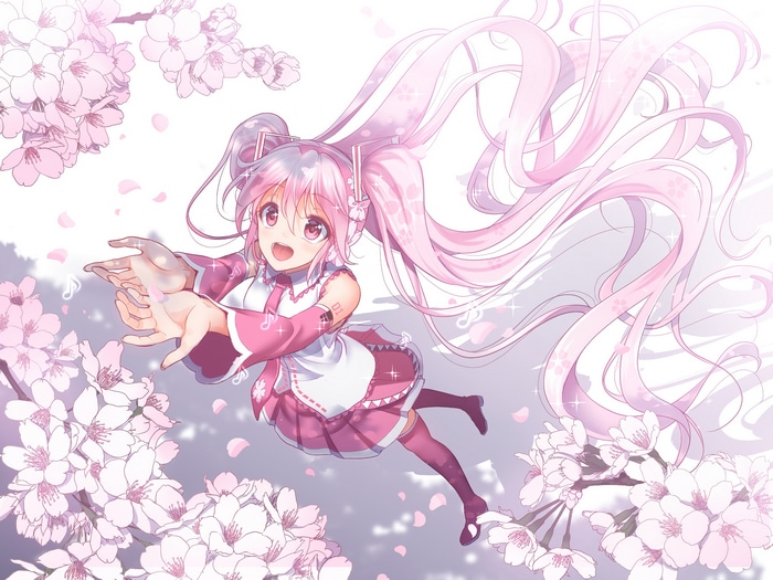 Sakura Miku surrounded by cherry blossoms