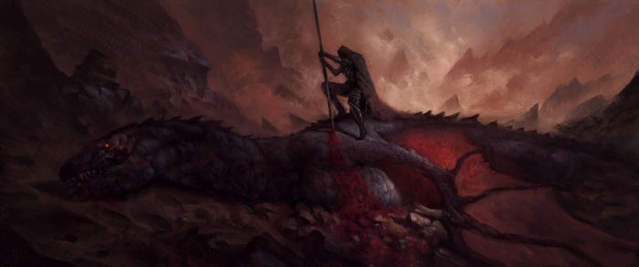 A warrior stands over a slain dragon
