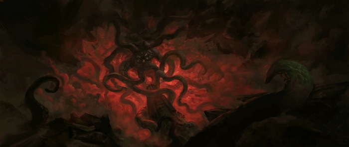 Tentacled creature emerging from a fiery abyss