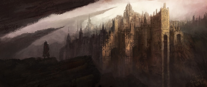 Fantasy art of a lone figure overlooking a ruined city