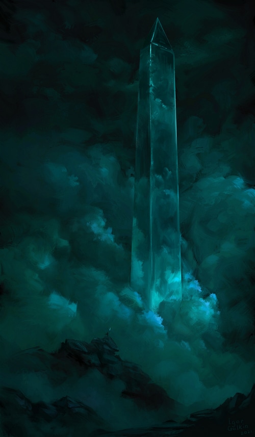 Fantasy art of a teal obelisk in clouds