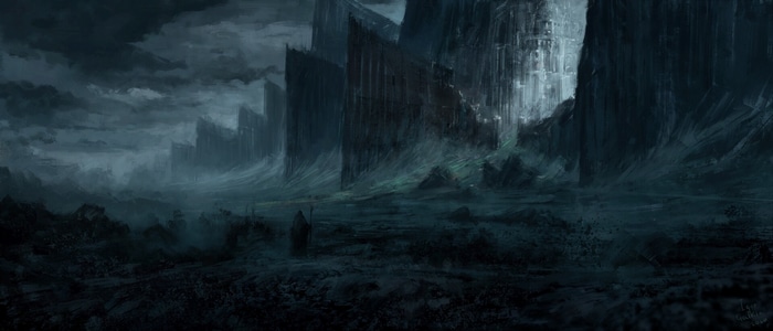Fantasy art of a desolate landscape with towering structures