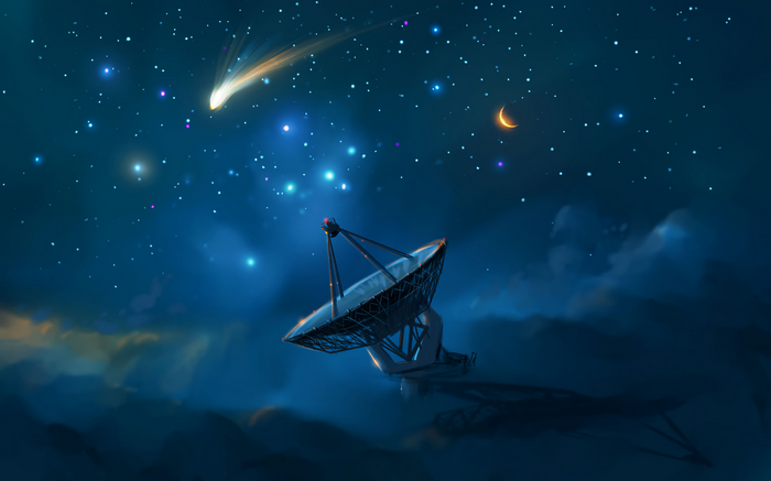 Satellite dish under a starry night sky with a comet