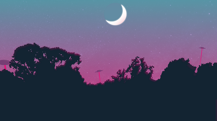 UFOs and Moon in a Starry Night Sky