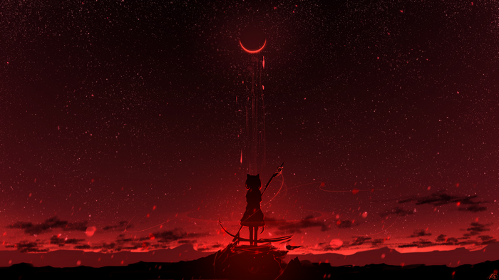 Anime girl with scythe under a crescent moon