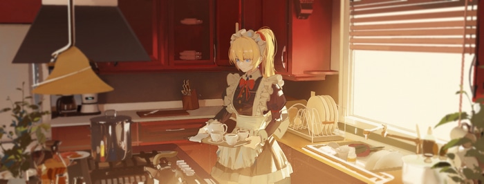 Maid serving tea in a kitchen