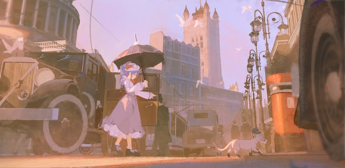 4K anime girl with umbrella and cat in city