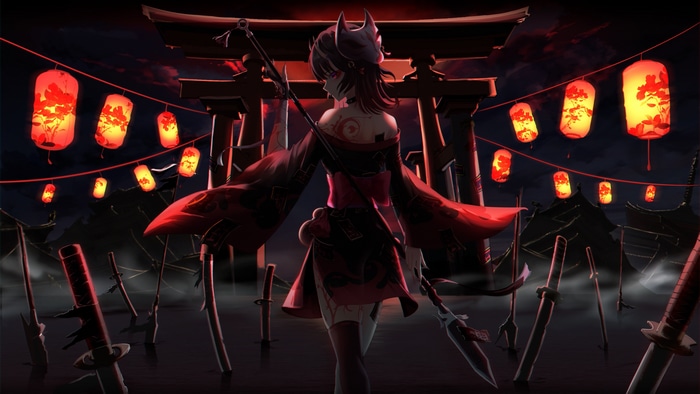 Fantasy girl with spear and swords near torii gate