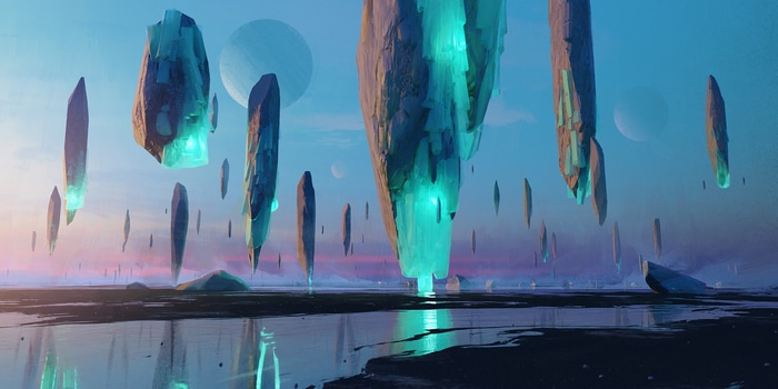 Floating crystalline rocks over a reflective landscape