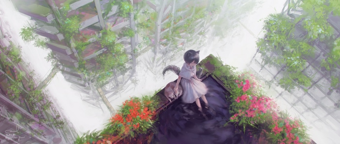 Fantasy art of a girl and dog in overgrown ruins