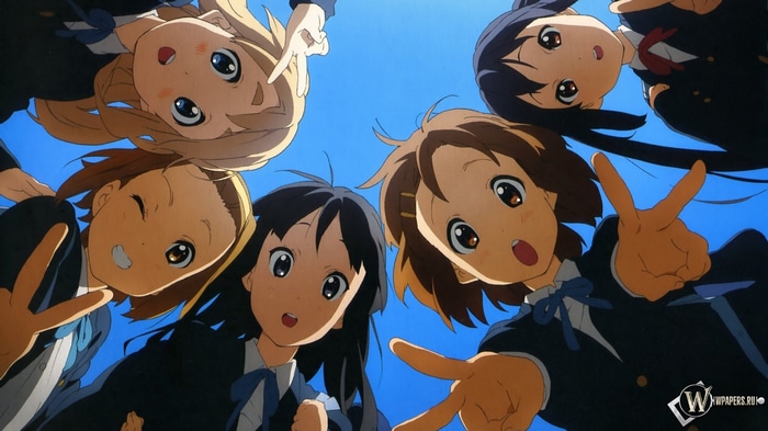 K-ON! girls looking down at the camera