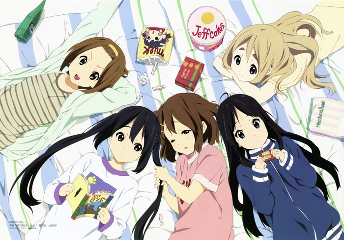 K-ON! Girls Lying on a Bed with Snacks