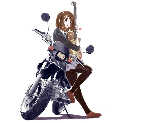 Yui Hirasawa with a guitar and motorcycle