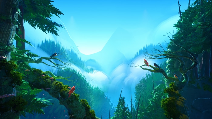 4K birds perched on trees in a misty forest