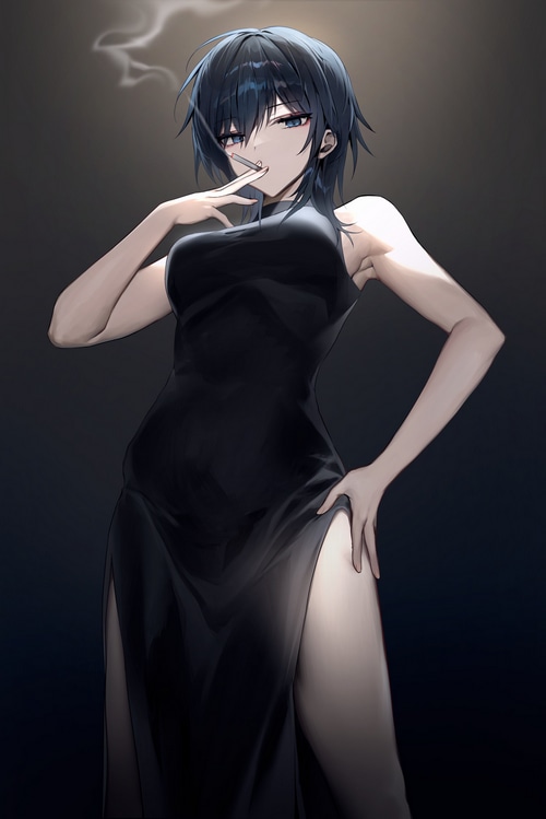 Anime girl in black dress smoking