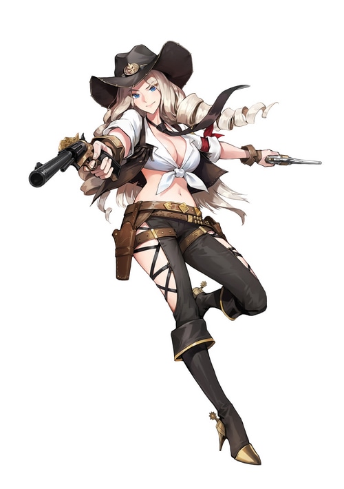 Cowgirl with revolvers and cowboy hat