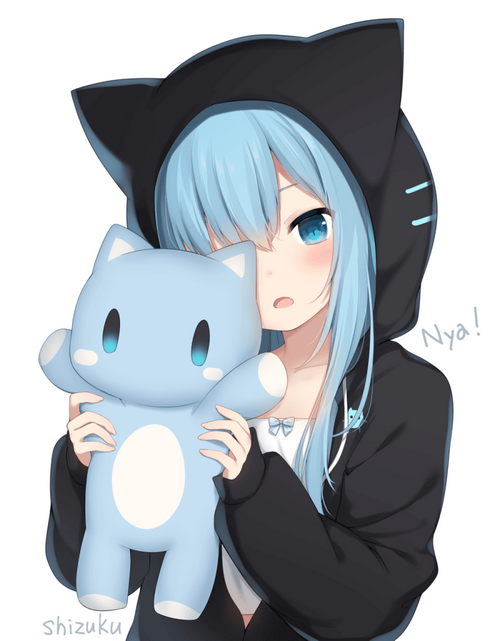 Nekoha Shizuku Holding a Blue Cat Plushie