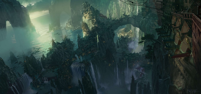 Fantasy city built into cliffs with waterfalls