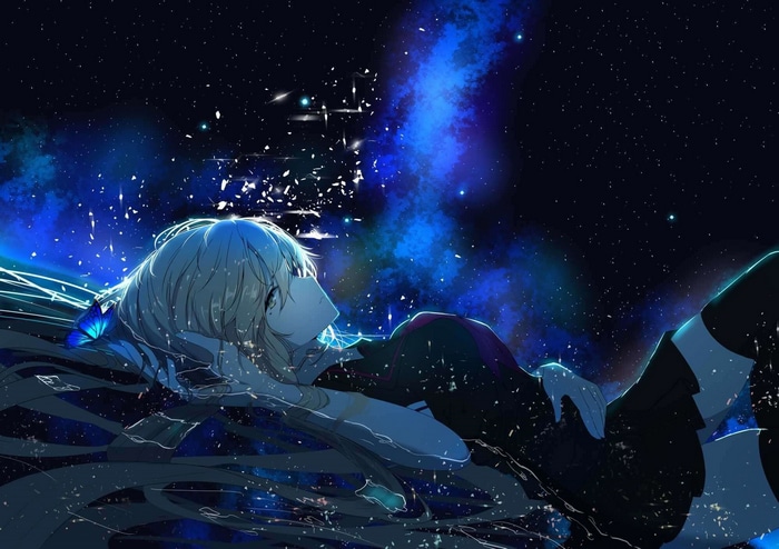 Woman with blonde hair in a starry sky