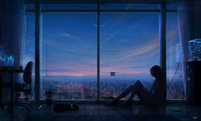 4K anime girl looking out window at cityscape at night