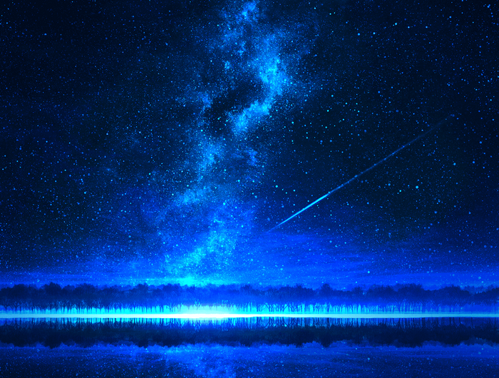 Starry night sky over a forest and reflection