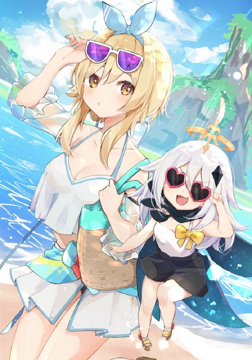 Genshin Impact Lumine and Paimon on a beach
