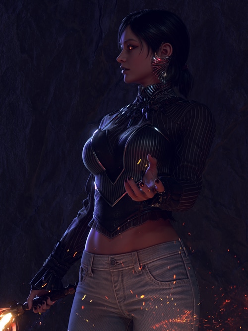 Woman with glowing eyes and ornate jewelry