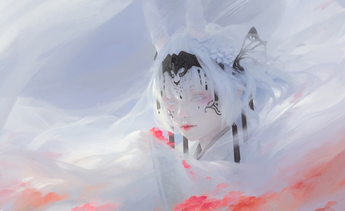 Fantasy art of a girl with white hair and butterfly wings