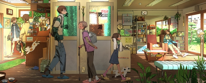 Anime characters and cats in a bathhouse