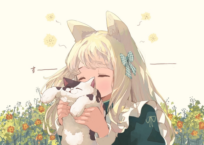 Girl hugging a cat with flowers