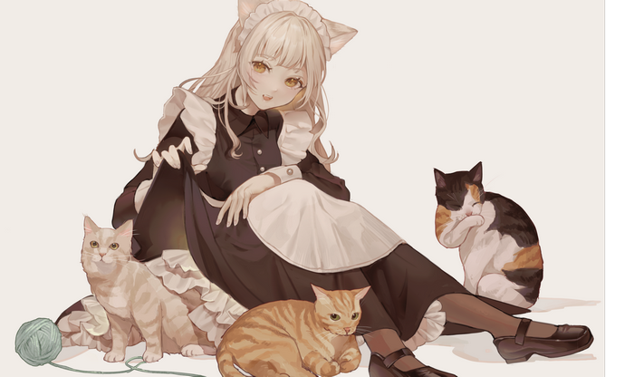Anime girl with cat ears and cats