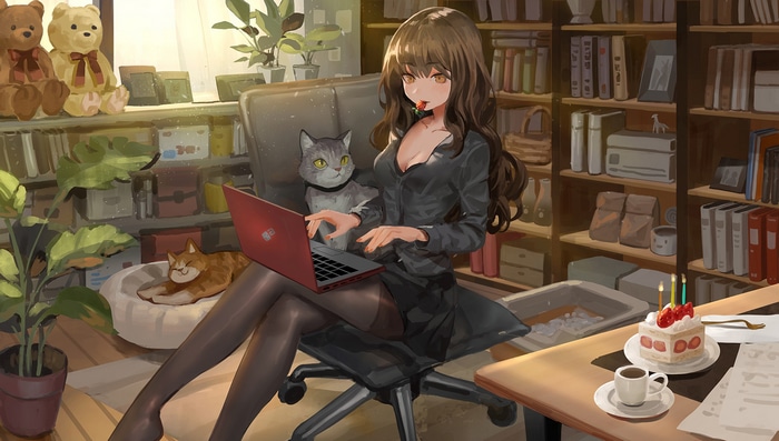 Anime girl with cats and laptop in a library