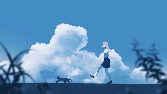 Girl and cat against a cloudy sky