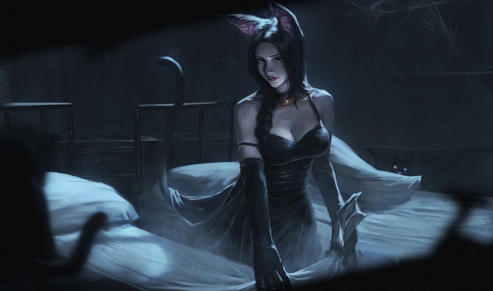 Anime girl with cat ears in a black dress