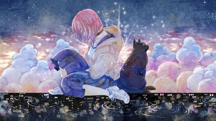 Anime girl and black cat on a rooftop at night