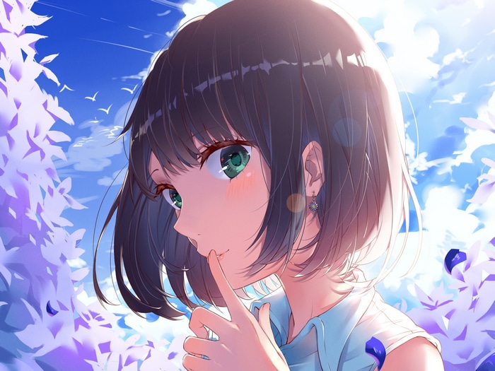 Anime girl with green eyes and short brown hair