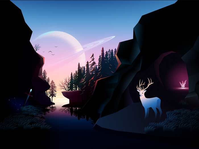 Saturn and deer in a rocky landscape