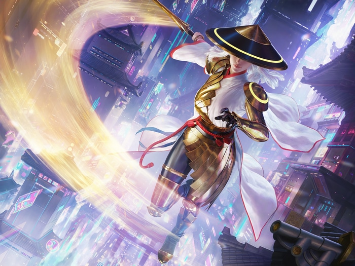 Woman in a conical hat with a sword in a futuristic city